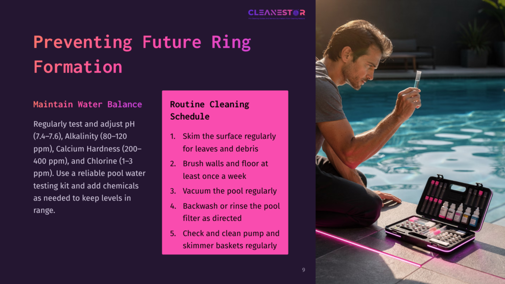 Man In Blue Shirt Tests Pool Water With Kit, With Text Overlay About Cleaning Schedules And Preventing Ring Formation.