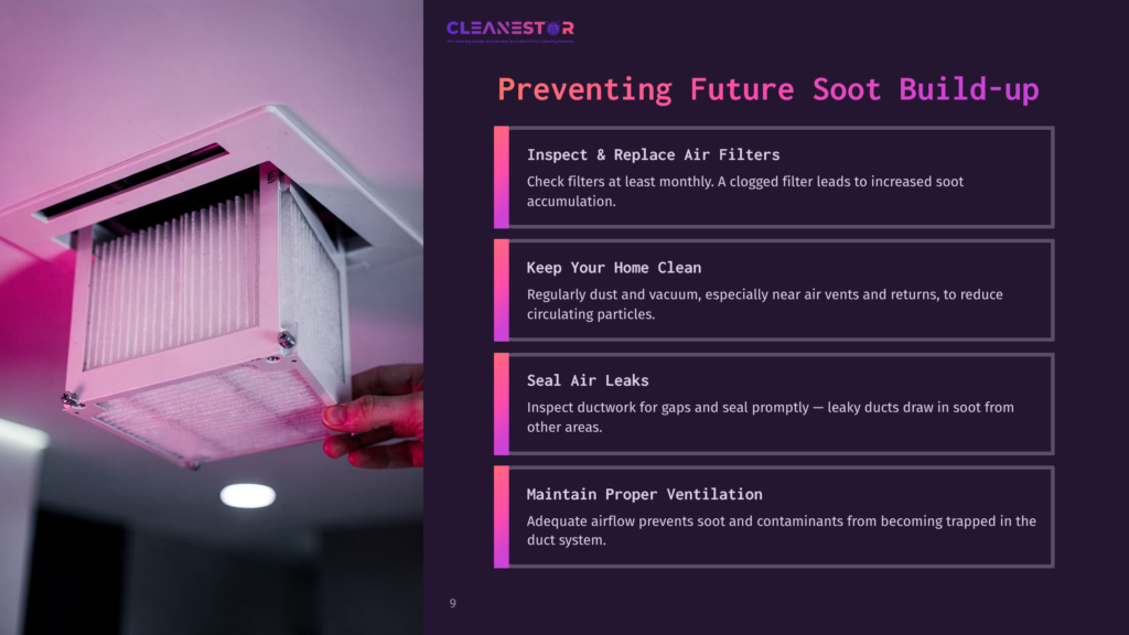 A Hand Holds A Dirty Air Filter Near A Vent, With Text Boxes Outlining Tips For Preventing Soot Build-Up, On A Gradient Background.