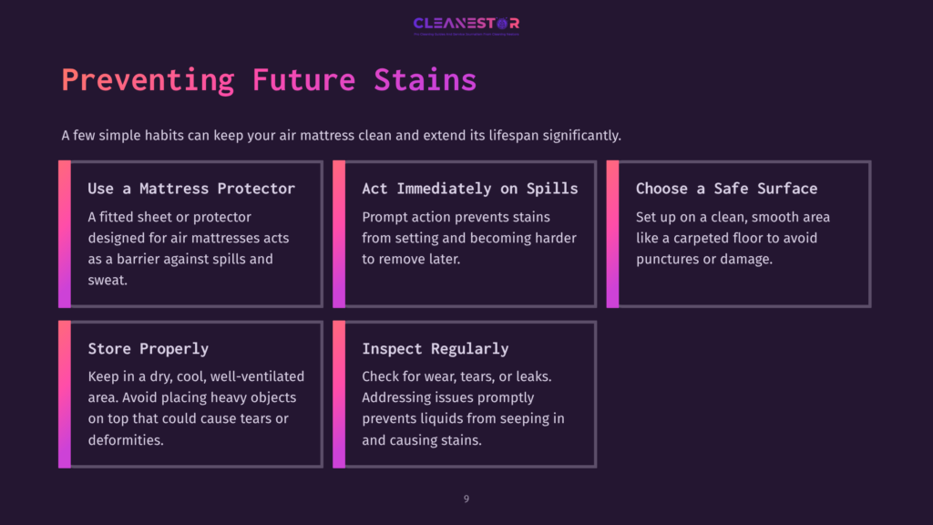 A Graphic Titled &Quot;Preventing Future Stains&Quot; On An Air Mattress, Featuring Sections On Using A Mattress Protector, Acting Immediately On Spills, Choosing A Safe Surface, Proper Storage, And Regular Inspection.
