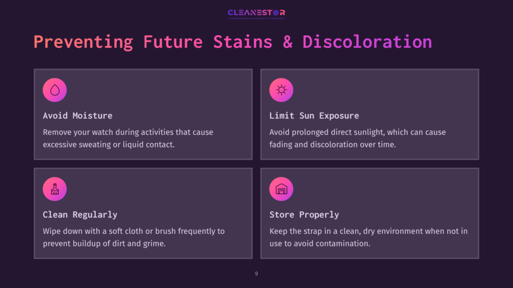 Infographic Titled &Quot;Preventing Future Stains &Amp; Discoloration&Quot; With Four Sections: Avoid Moisture, Limit Sun Exposure, Clean Regularly, And Store Properly, Each With An Icon And Descriptive Text.