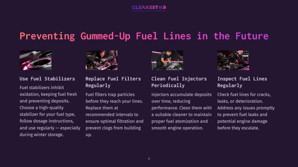 Illustration Showing A Step-By-Step Guide For Maintaining Fuel Lines, Featuring Tools, Mechanics At Work, And Colorful Graphics On A Dark Background.