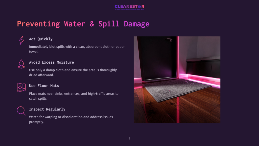 A Dark Purple Layout Featuring A Photo Of A Doorway With A Mat, Highlighting Hardwood Floors And Neon Pink Ambient Lighting.
