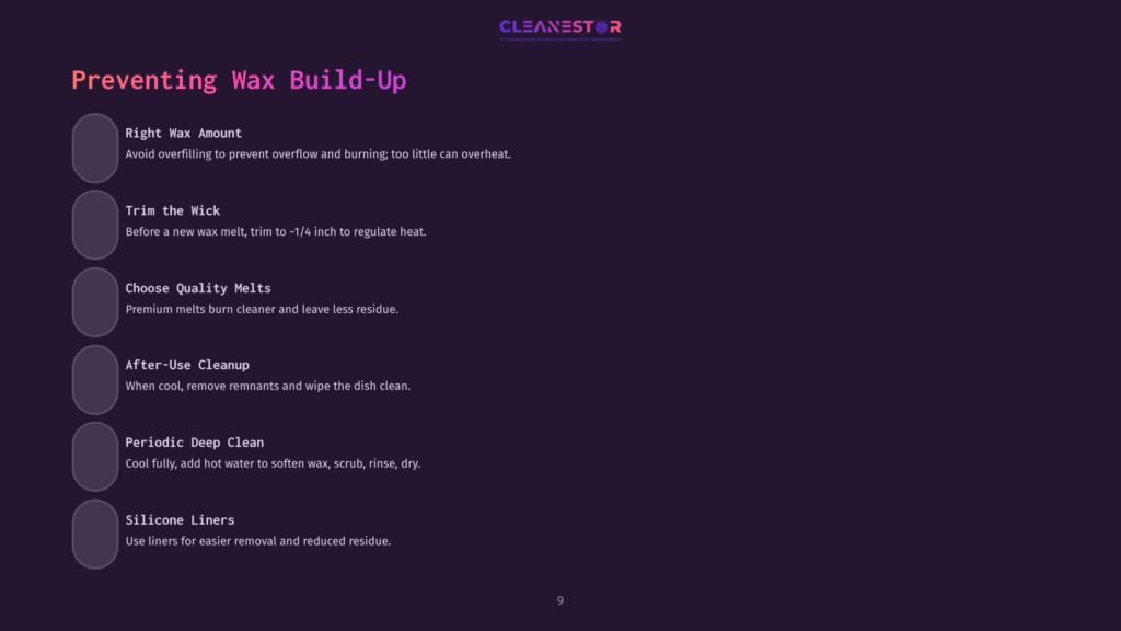 9 Preventing Wax Build Up A Dark Purple Background With A White And Purple &Quot;Cleanestor&Quot; Logo At The Top. Below, Text Lists Tips For Preventing Wax Buildup: &Quot;Right Wax Amount,&Quot; &Quot;Trim The Wick,&Quot; &Quot;Choose Quality Melts,&Quot; &Quot;After-Use Cleanup,&Quot; And &Quot;Periodic Deep Clean,&Quot; With Bullet Points Explaining Each Tip. A Final Tip, &Quot;Silicone Liners,&Quot; Is Also Listed.
