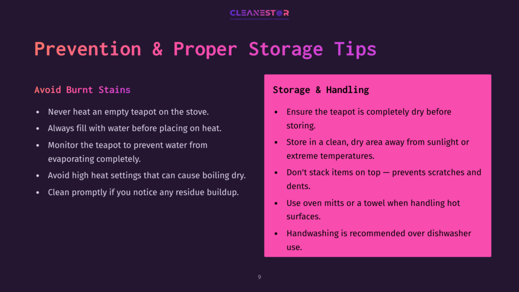 A Dark Purple Background With White And Pink Text Offering Tips For Preventing And Handling Burnt Stains On A Stainless Steel Teapot.
