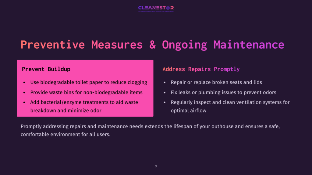 Bright Pink And White Text On A Dark Background Outlines Preventive Measures And Ongoing Maintenance For An Outhouse, With A Clear Layout.