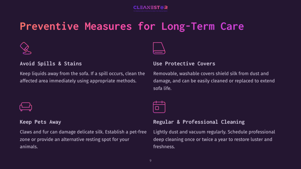 Bullet Points In Purple Text On A Dark Background Outline Tips For Maintaining A Silk Sofa, Including Avoiding Spills, Using Protective Covers, And Regular Cleaning.
