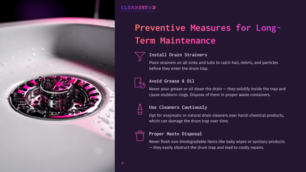 9 Preventive Measures For Long Term Maintenance Close-Up Of A Shiny Metal Drum Trap In A Sink, Surrounded By Text Giving Maintenance Tips In Purple And White Font.