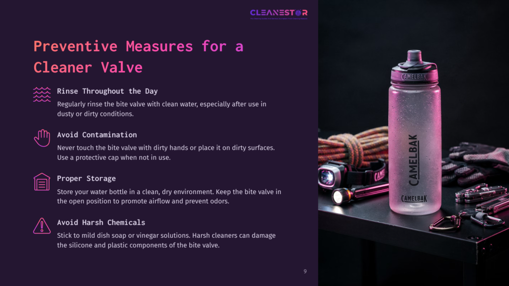 A Purple Background Features A Camelbak Water Bottle On A Surface With Cleaning Supplies, Highlighting Tips For Maintaining A Cleaner Bite Valve.