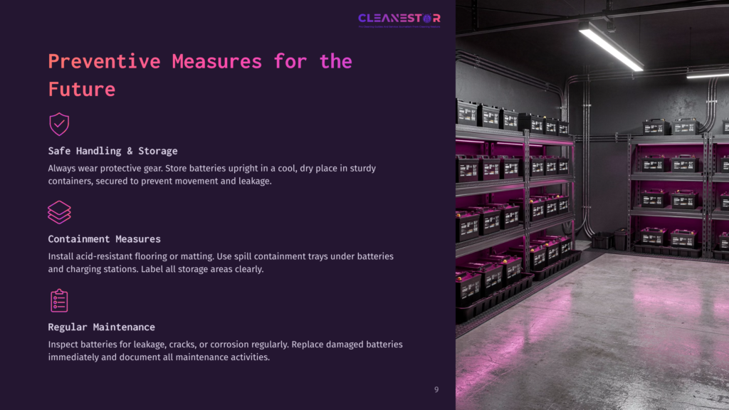 A Garage Interior Showing Shelves Stacked With Batteries. The Walls Are Painted Dark, And Pink Lighting Highlights Safety Information.