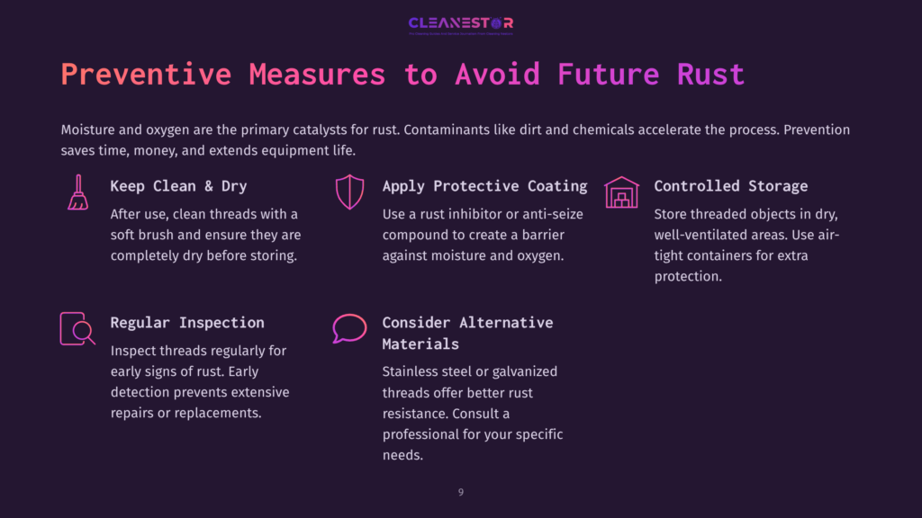 Cleanestor Graphic: Preventive Measures To Avoid Future Rust. Key Tips Include Keep Clean &Amp; Dry, Apply Protective Coating, Controlled Storage, Regular Inspection, And Consider Alternative Materials.