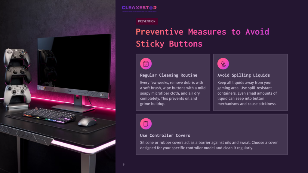 9 Preventive Measures To Avoid Sticky Buttons A Gaming Setup With A Monitor, Two Game Controllers, And A Sleek Desk Adorned With Rgb Lighting, Showcasing Cleaning Tips For Sticky Buttons.
