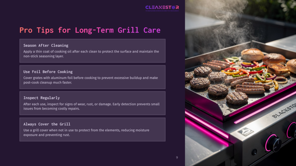Close-Up Of A Grill With Sizzling Sausages, Burgers, And Vegetables Under Bright Pink Led Lights. Text Overlay Reads &Quot;Cleanestor Pro Tips For Long-Term Grill Care&Quot;.