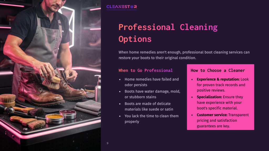 Professional Boot Cleaning Service: A Man Meticulously Cleans A Brown Leather Boot With A Brush, Surrounded By Cleaning Supplies And Colorful Polishes.