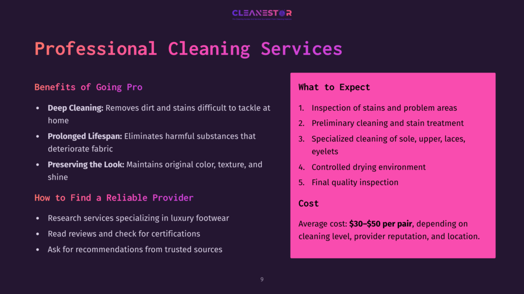 Graphic Listing Professional Cleaning Services With Bullet Points On Deep Cleaning, Preservation, And Finding Providers. Features Pink And Black Design.