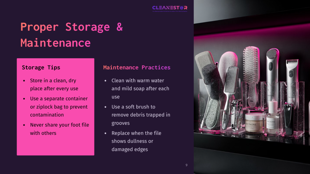 A Shelf Displaying Various Foot Files And Cleaning Tools, With Purple And Black Tones In The Background, Highlighting Storage And Maintenance Tips.