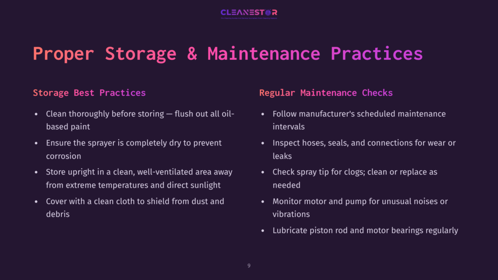 Text-Heavy Slide Featuring Best Practices For Storing And Maintaining An Airless Sprayer, With A Dark Purple Background And White Text.
