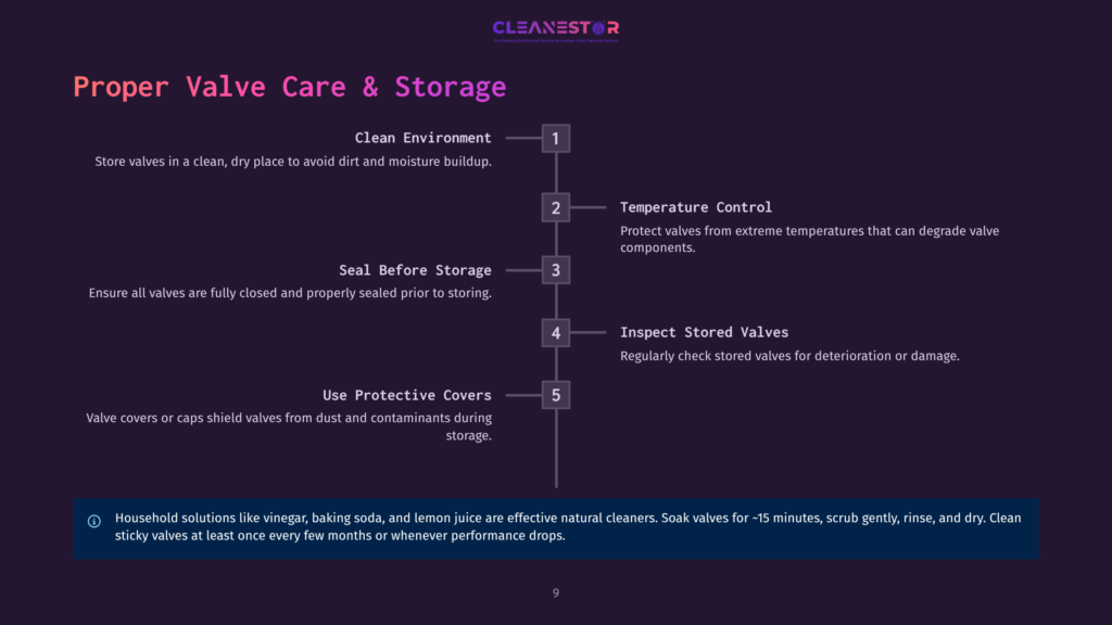 Infographic Titled &Quot;Proper Valve Care &Amp; Storage&Quot; With Steps: Clean Environment, Temperature Control, Seal Before Storage, Inspect Stored Valves, Use Protective Covers. Also Includes A Tip About Cleaning Solutions.