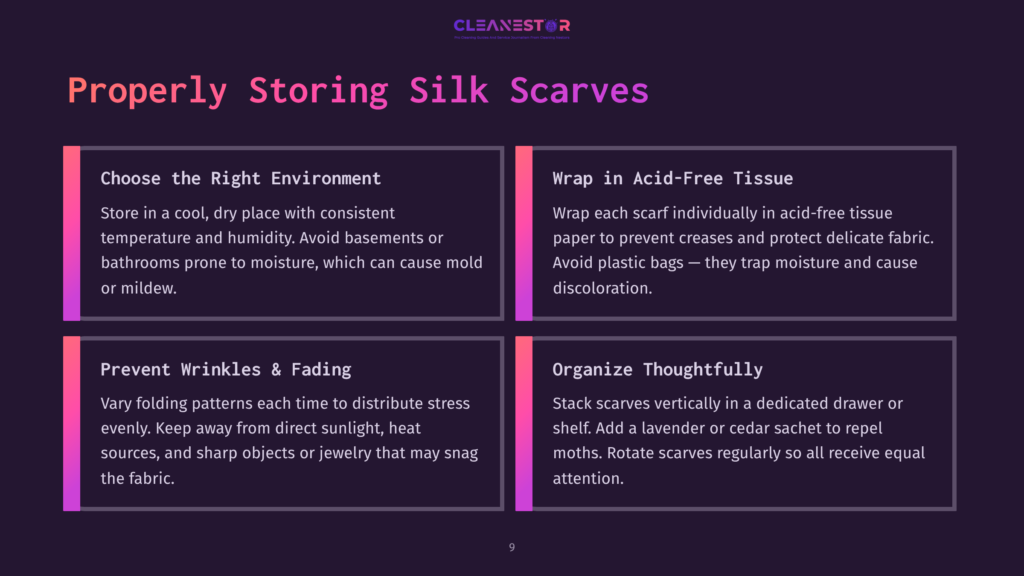Four Guidelines For Storing Silk Scarves Are Presented In A Visually Striking Layout, Featuring A Dark Purple Background With Contrasting White And Pink Text.