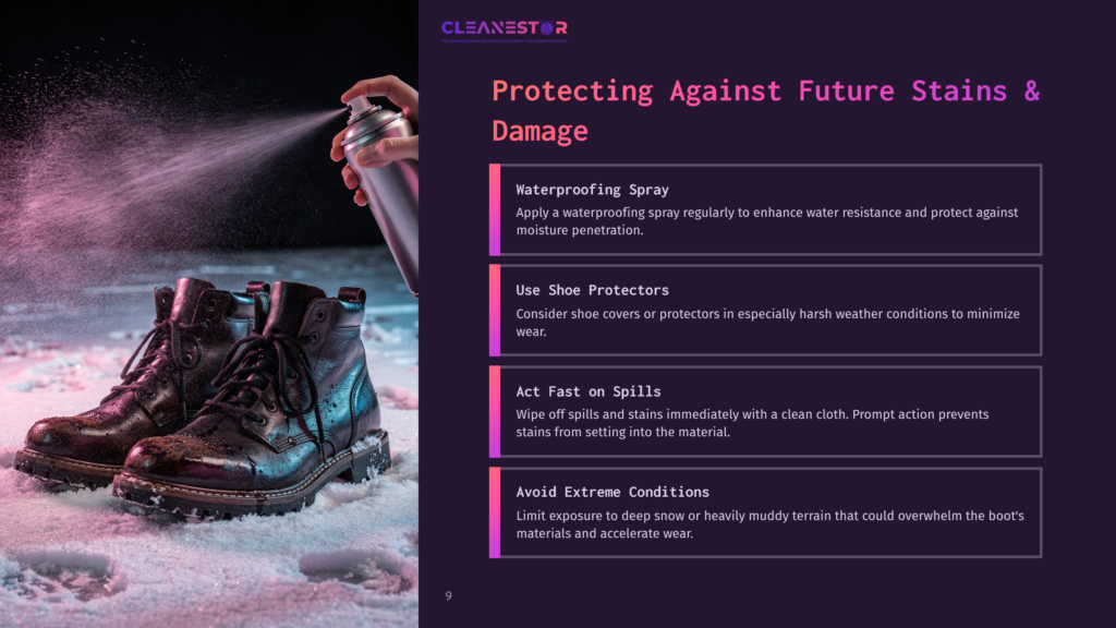 9 Protecting Against Future Stains And Damage A Can Sprays A Waterproofing Spray Onto A Pair Of Dark Leather Boots Resting In Artificial Snow, With The Text &Quot;Cleanestor Protecting Against Future Stains &Amp; Damage&Quot; Visible.