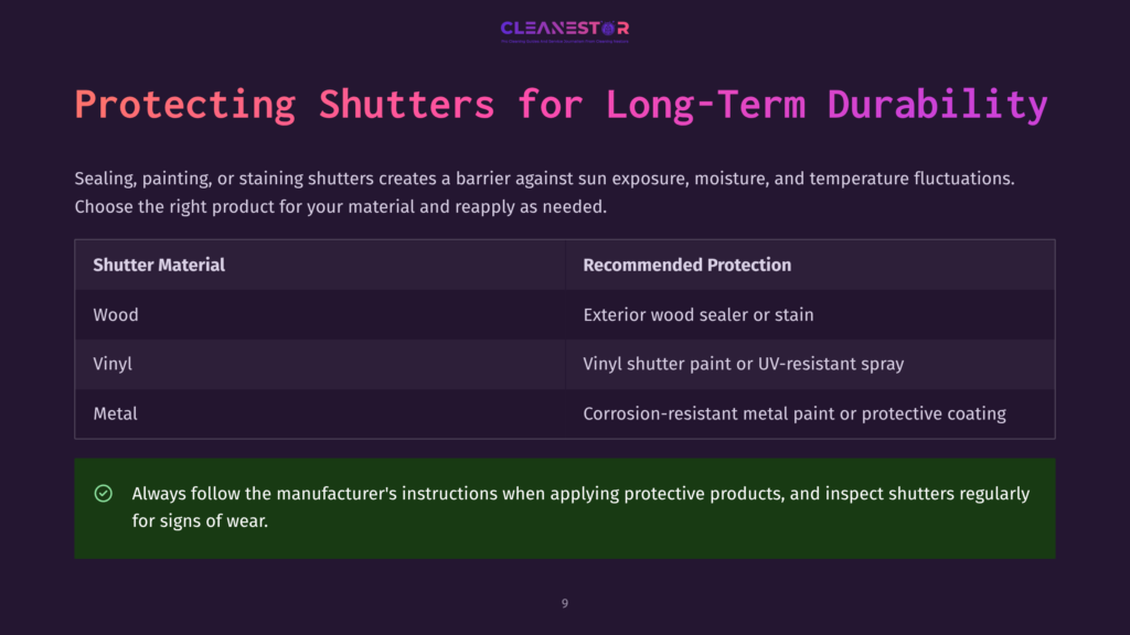 9 Protecting Shutters For Long Term Durability Table Showing Shutter Materials Like Wood, Vinyl, And Metal, With Recommended Protection Methods Such As Sealers, Paints, And Coatings For Long-Term Durability.