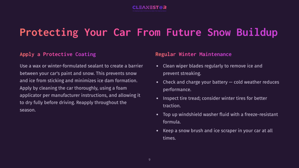 Text On A Dark Background Provides Tips For Preventing Snow Buildup On A Car, Featuring Bullet Points In White And Purple Text.