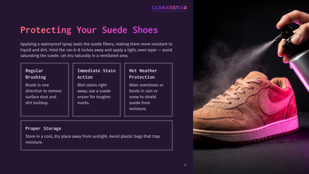 A Hand Sprays Waterproof Protector Onto A Tan Suede Nike Shoe, With Text Overlaying The Left Side Of The Image Detailing Shoe Care Tips For Regular Brushing, Immediate Stain Action, Wet Weather Protection, And Proper Storage.