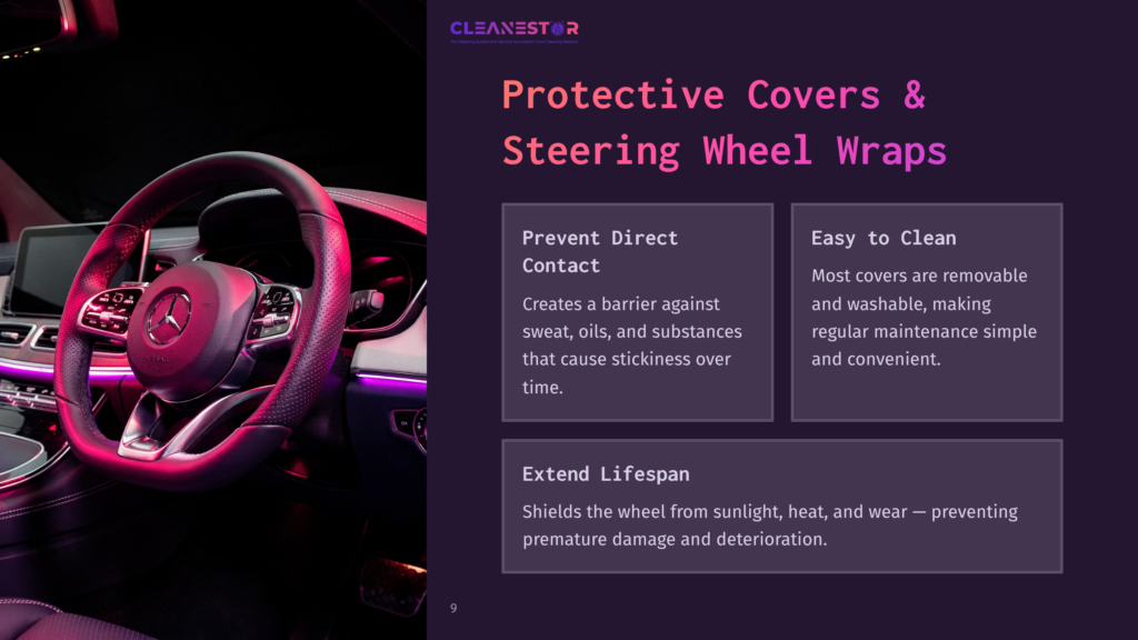 9 Protective Covers And Steering Wheel Wraps Cleanestor Protective Covers &Amp; Steering Wheel Wraps: A Close-Up Of A Luxurious Car'S Steering Wheel, Showcasing Its Leather And Stitching, With The Cleanestor Logo And Text Highlighting Product Benefits Like Preventing Direct Contact And Easy Cleaning.