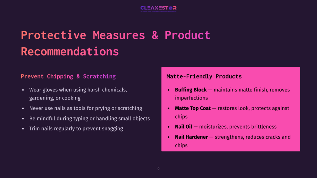 Slide Titled &Quot;Protective Measures &Amp; Product Recommendations&Quot; With Advice On Chipping And Scratching, And Matte-Friendly Products Like Buffing Blocks And Nail Oil.