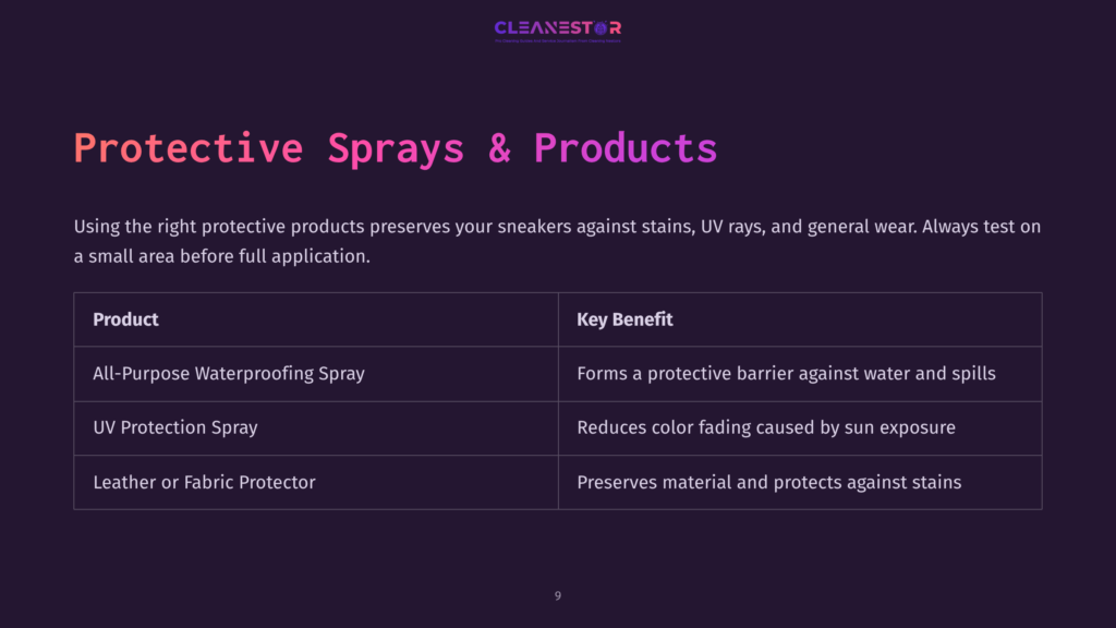 Cleanestor Logo And Text Detailing &Quot;Protective Sprays &Amp; Products&Quot; For Sneakers, With A Table Listing Product Types Like &Quot;All-Purpose Waterproofing Spray&Quot; And &Quot;Uv Protection Spray&Quot; And Their Benefits.