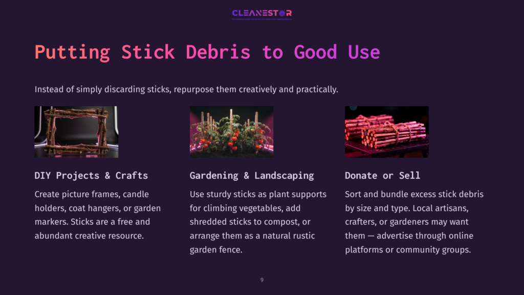 Three Sections Showcase Creative Uses For Sticks: A Diy Picture Frame, A Gardening Trellis For Tomatoes, And A Bundle Of Sticks Labeled &Quot;Donate Or Sell.
