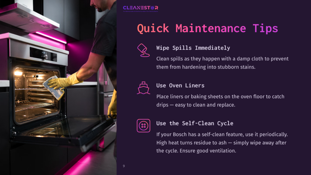 Man In Yellow Gloves Cleans An Open Oven With A Damp Cloth, With Text Overlaying The Right Side Of The Image About Oven Cleaning Tips: &Quot;Quick Maintenance Tips,&Quot; &Quot;Wipe Spills Immediately,&Quot; &Quot;Use Oven Liners,&Quot; And &Quot;Use The Self-Clean Cycle.