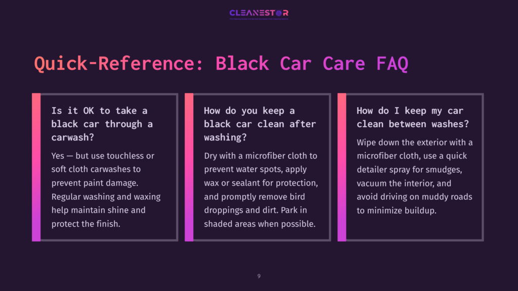 Quick-Reference: Black Car Care Faq. Three Panels Of Text Provide Advice On Car Washes, Cleaning, And Maintaining Black Cars.