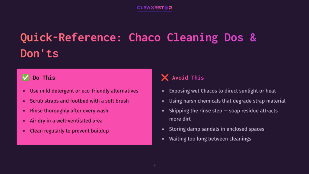 A Slide Titled &Quot;Quick-Reference: Chaco Cleaning Dos &Amp; Don'Ts&Quot; With Two Columns: &Quot;Do This&Quot; And &Quot;Avoid This,&Quot; Listing Cleaning Instructions For Chacos.