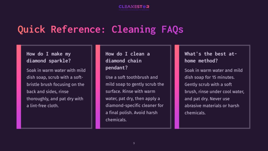 Three Text Boxes On A Dark Background Provide Cleaning Faqs, Featuring Instructions On Caring For Diamond Jewelry With Soft Colors And Contrasting Text.