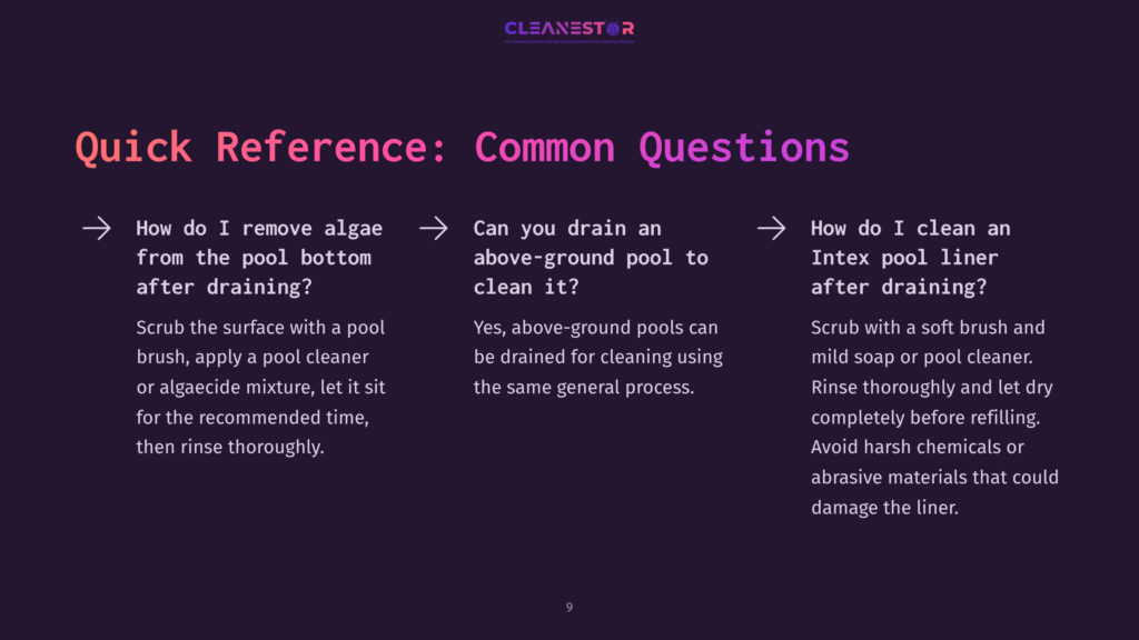 Reference Guide With White Text On A Purple Background, Featuring Three Common Questions About Cleaning Pools After Draining.