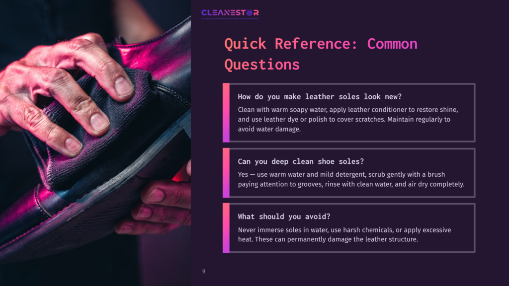 9 Quick Reference Common Questions 3 Close-Up Of Hands Cleaning A Black Leather Shoe With A Purple Cloth, With &Quot;Cleanestor Quick Reference: Common Questions&Quot; Text Overlay.
