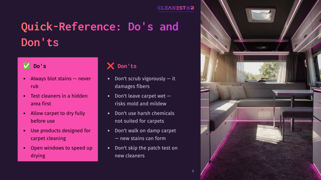 Interior Of A Modern Rv With Plush Seating And Purple Led Lighting. A Slide With &Quot;Cleanestor&Quot; Logo And &Quot;Quick-Reference: Do'S And Don'Ts&Quot; Is Superimposed On The Image.