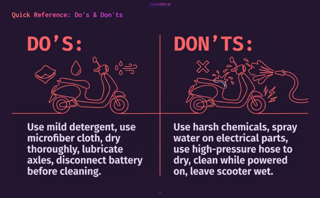 9 Quick Reference Dos And Donts Illustration Of An Electric Scooter With A List Of &Quot;Do'S&Quot; On The Left And &Quot;Don'Ts&Quot; On The Right, Featuring Icons For Cleaning Tips.