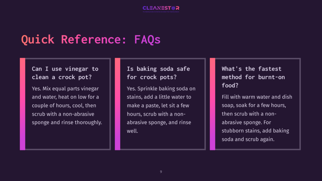 Three Colorful Boxes With Text On A Dark Background. The Boxes Provide Faqs About Cleaning Crock Pots, Featuring Vinegar And Baking Soda Tips.