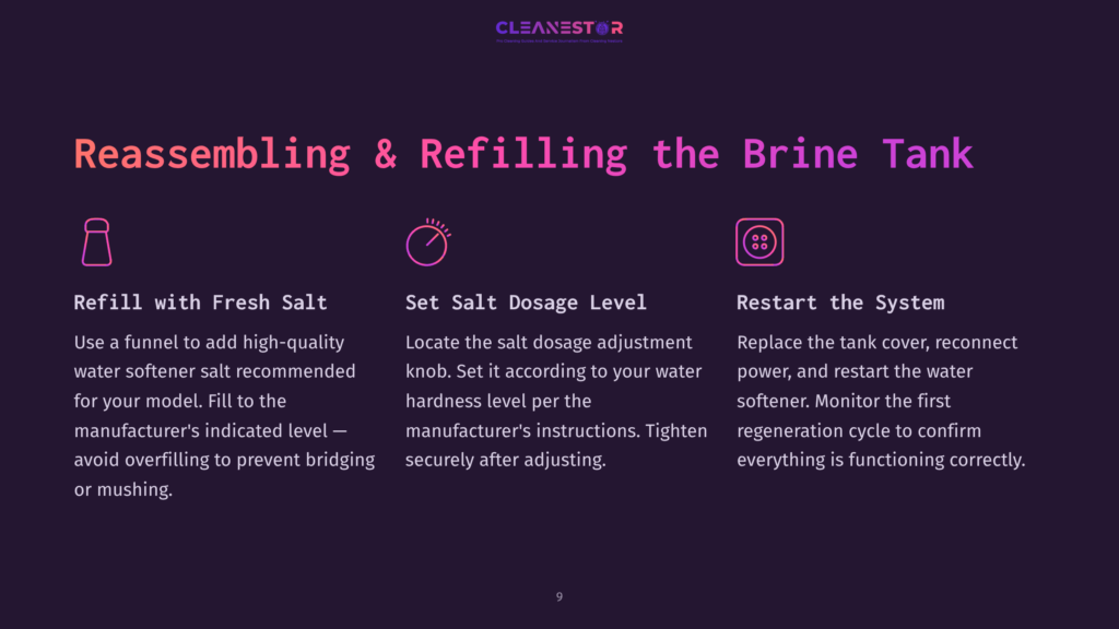 Diagram Showing How To Reassemble And Refill A Brine Tank For A Water Softener, With Steps For Refilling With Fresh Salt, Setting Salt Dosage, And Restarting The System.
