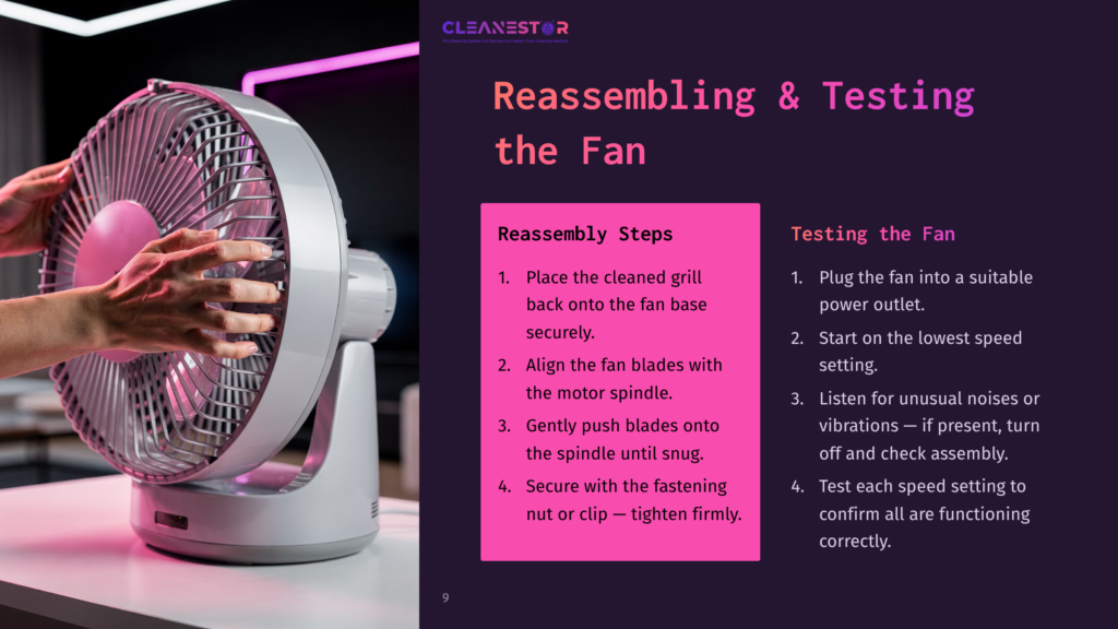 A Honeywell Quietset Fan With A Visible Front Grill, Next To Instructions In Bold Text For Reassembling And Testing The Fan.