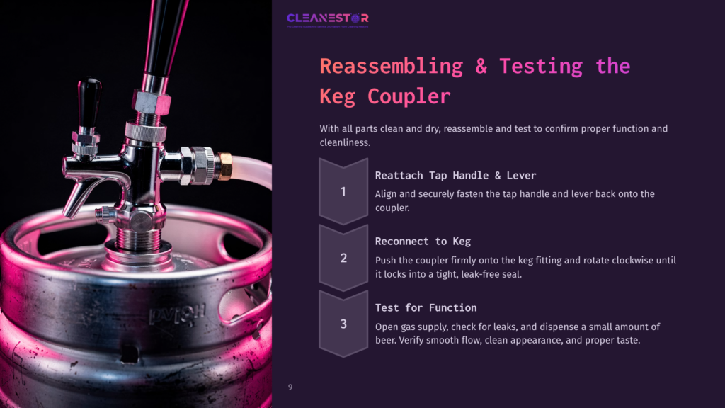 A Shiny Metal Keg With A Coupler Attached, Featuring A Tap Handle And Lever. Background Is A Gradient Of Dark Purple And Pink.