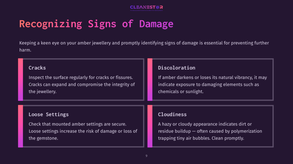 Text-Based Infographic With A Dark Purple Background. Sections Highlight &Quot;Cracks,&Quot; &Quot;Discoloration,&Quot; &Quot;Loose Settings,&Quot; And &Quot;Cloudiness,&Quot; Each With Key Points In White And Pink Text.