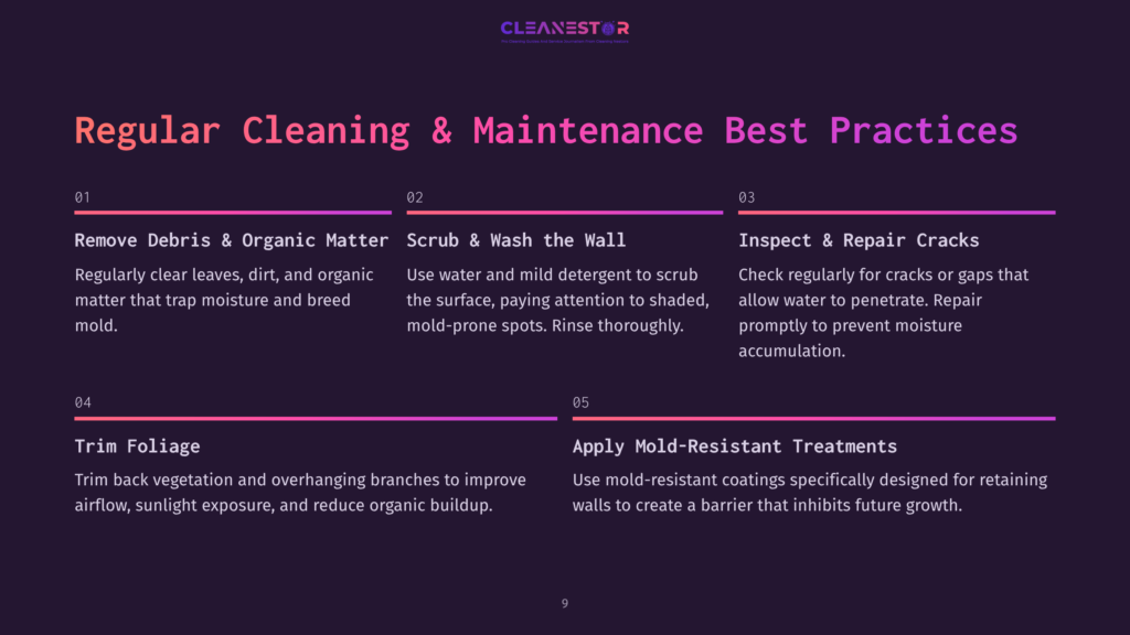 Bullet-Pointed List On Mold Prevention And Maintenance For Retaining Walls, Featuring White Text On A Dark Background, Outlined In Purple.