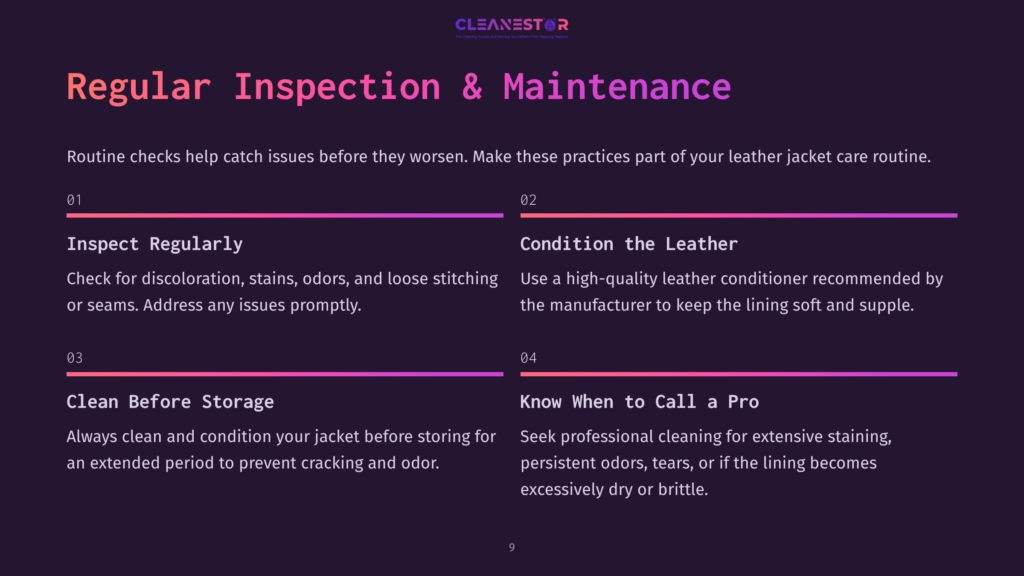 A Dark Purple Background With A Gradient Of Pink And Orange At The Top And Bottom. Text Reads &Quot;Cleanestor&Quot; And &Quot;Regular Inspection &Amp; Maintenance&Quot;. Four Numbered Sections Detail Leather Jacket Care: &Quot;Inspect Regularly&Quot;, &Quot;Condition The Leather&Quot;, &Quot;Clean Before Storage&Quot;, And &Quot;Know When To Call A Pro&Quot;.