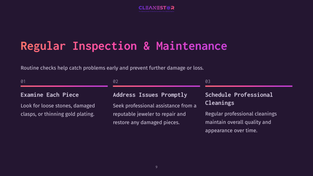 Text On A Dark Purple Background Outlining Three Steps For Gold Vermeil Jewelry Care: Examine Pieces, Address Issues, Schedule Cleanings.