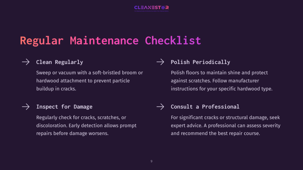 Checklist With A Dark Background, Featuring Headings For Regular Maintenance, Inspections, And Professional Consultation, With Icons Illustrating Each Point.