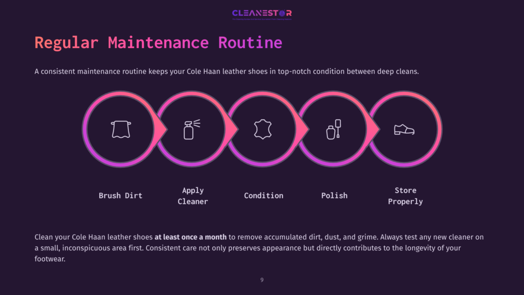 Graphic Illustrating A Regular Cole Haan Leather Shoe Maintenance Routine: Brush Dirt, Apply Cleaner, Condition, Polish, And Store Properly, With Icons Representing Each Step.