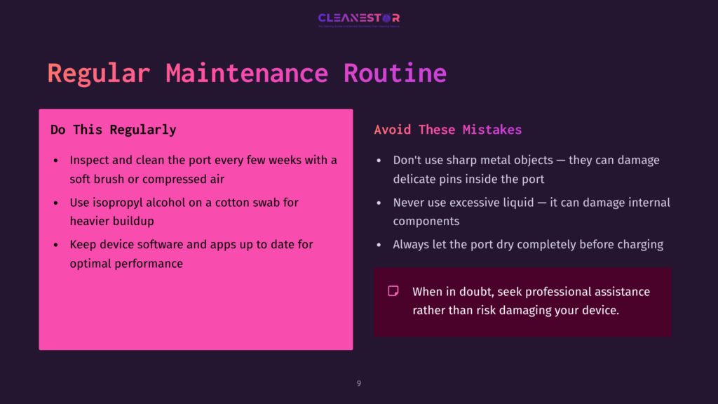 9 Regular Maintenance Routine Graphic Featuring A Purple And Pink Layout With Text About Maintaining Charging Ports. Highlights Do'S And Don'Ts With Icons And Checkmarks.