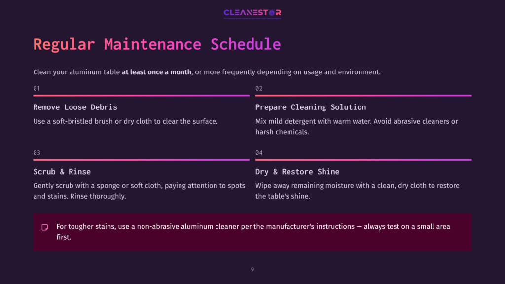 Visual Guide Outlining A Cleaning Schedule For Aluminum Tables, Featuring Bullet Points In Purple And White Text On A Dark Background.